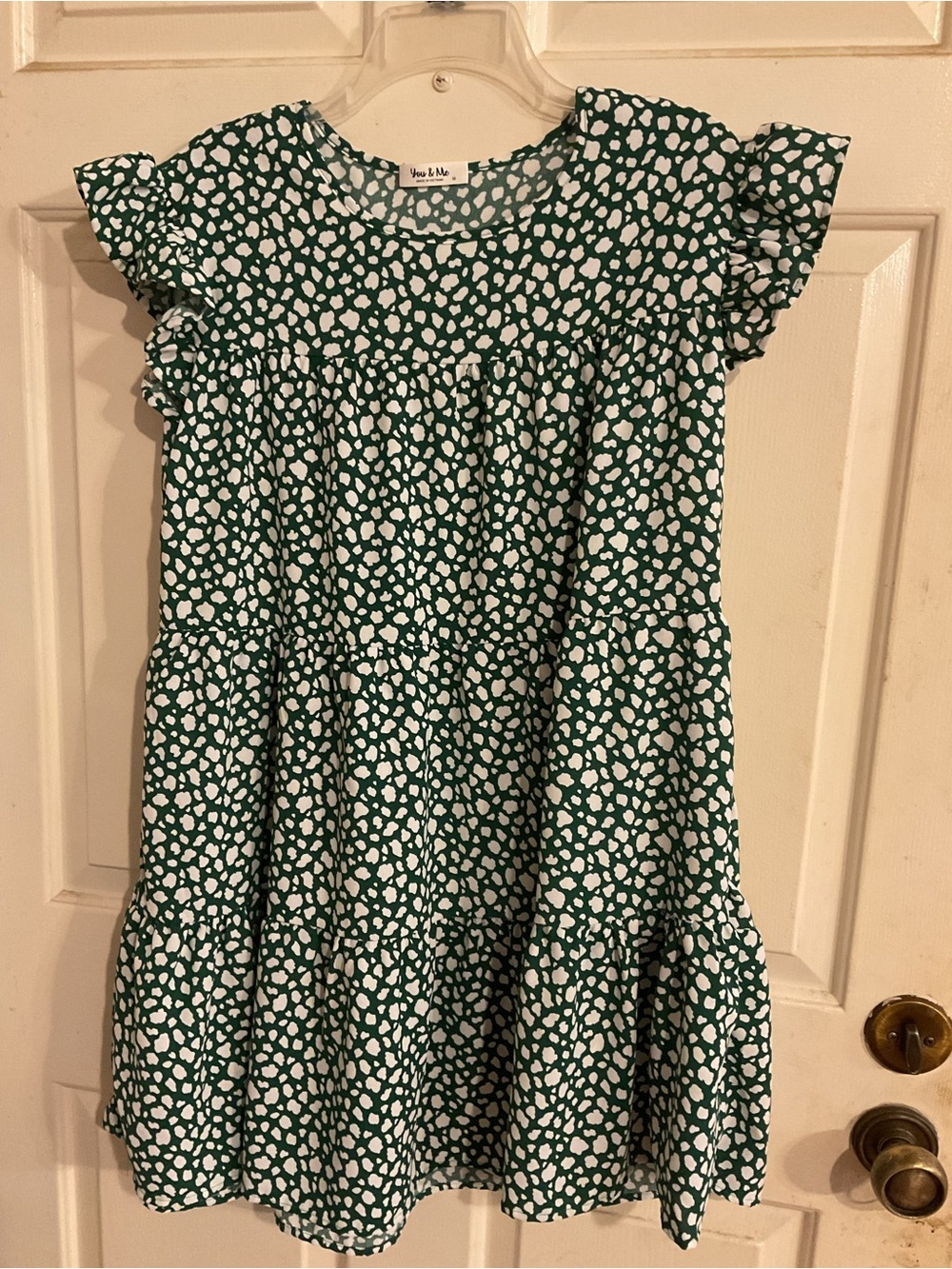 YOU & ME TIERED DRESS GREEN&WHITE ANIMAL PRINT SZ.M.